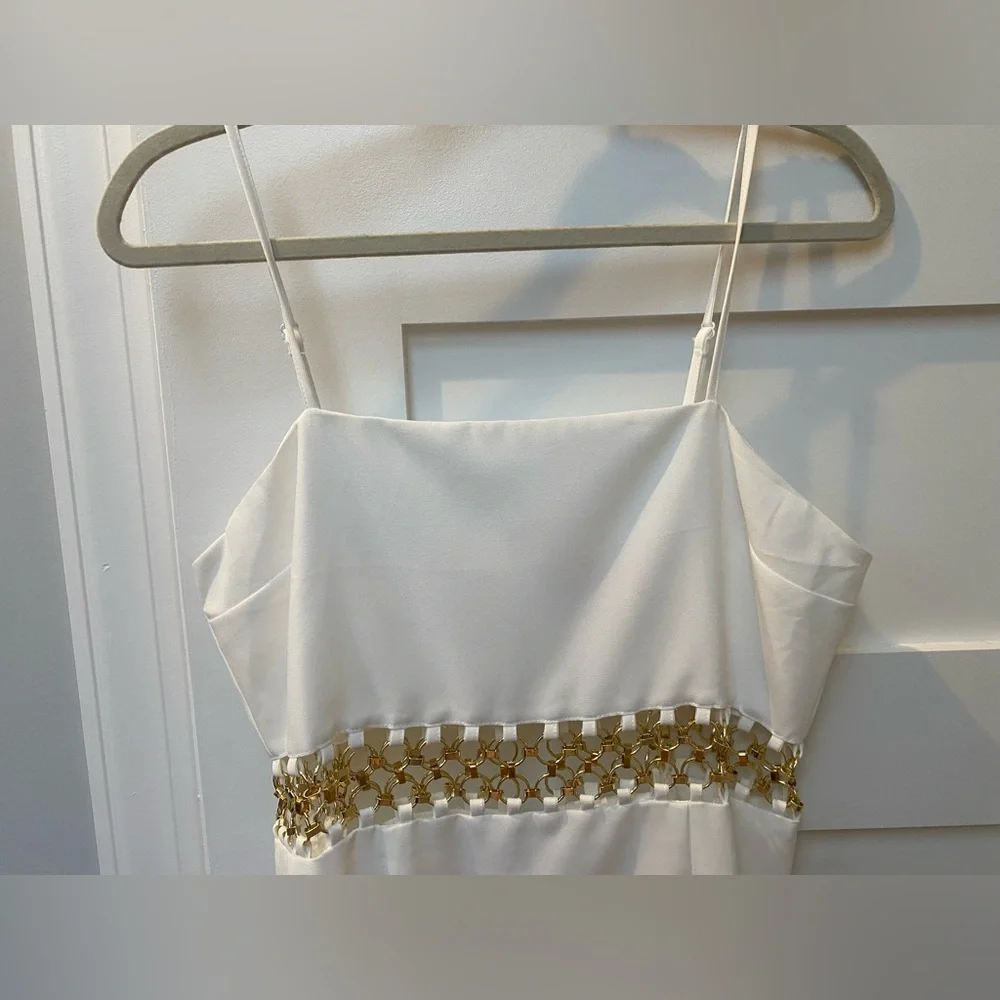 Audrey Parks white with gold chain hardware mini dress